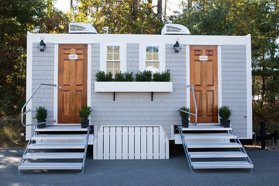 Wedding restroom units discretely staged at a venue in Roxboro, North Carolina
